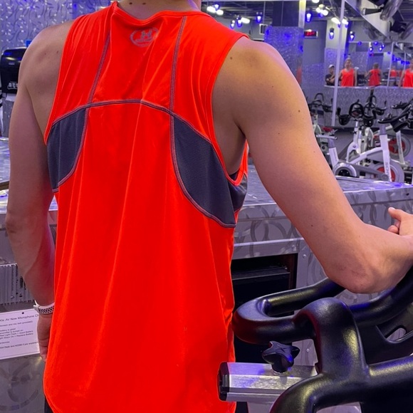 UNDER ARMOUR MEN NEON ORANGE REFLECTIVE SILVER HEATGEAR TANK TOP VEST SHIRT JOCK - Picture 4 of 15
